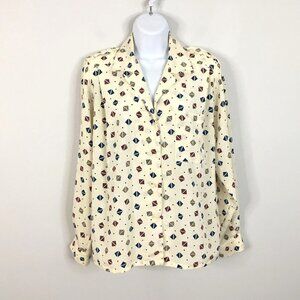 Vintage Koret Top Womens 10 Cream Ivory Blue 80S NAUTICAL GEOMETRIC Long Sleeve